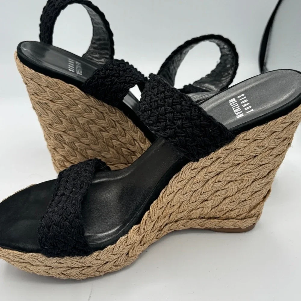 Stuart Weitzman Alex Wedge Sandals 9M Black Jute Espadrille Braided Strap Heels - Picture 7 of 10